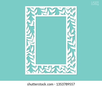 Laser cut paper lace frame, vector illustration. Ornamental cutout photo frame with pattern of leaves. Abstract vintage background. Element for wedding invitation and greeting card.
