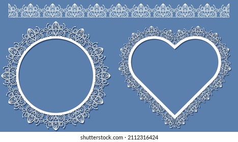 Laser cut paper lace frame in the shape of heart, vector illustration. Ornamental cutout photo frame with pattern. Abstract vintage background. Element for wedding invitation and greeting card.