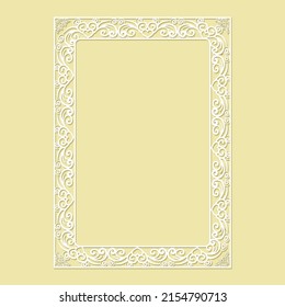 Laser cut paper lace frame, vector illustration. Ornamental cutout photo frame with pattern. Abstract vintage background. Element for wedding invitation and greeting card