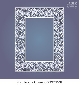 Laser cut paper lace frame, vector illustration. Ornamental cutout photo frame with pattern. Abstract vintage background. Element for wedding invitation and greeting card.
