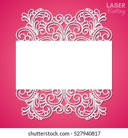 Laser cut paper lace frame, vector illustration. Ornamental cutout photo frame with pattern. Abstract vintage background. Template for wedding invitation and greeting card.