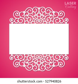 Laser cut paper lace frame, vector illustration. Ornamental cutout photo frame with pattern. Abstract vintage background. Template for wedding invitation and greeting card.