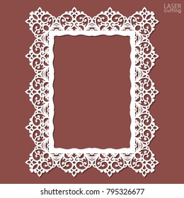 Laser cut paper lace frame, vector illustration. Ornamental cutout photo frame with pattern. Abstract vintage background. Element for wedding invitation and greeting card.