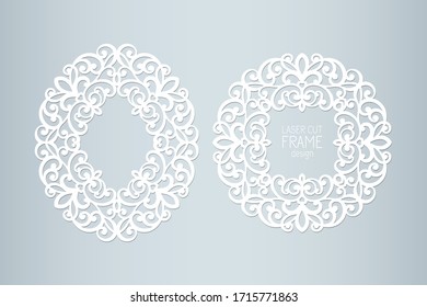 Laser cut paper lace frames, vector illustration. Ornamental cutout photo frame, template for cutting. Abstract vintage background. Element for wedding invitation and greeting card.