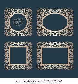 Laser cut paper lace frames, vector illustration. Ornamental cutout photo frame set, template for cutting. Elements for wedding invitation and greeting card.