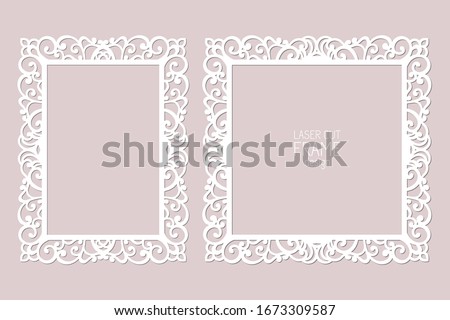 Laser cut paper lace frames, vector template. Ornamental cutout photo frame with pattern. Abstract vintage background. Element for wedding invitation and greeting card.