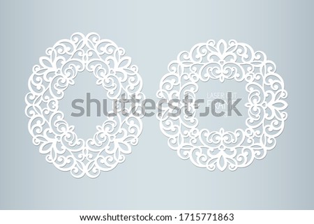 Laser cut paper lace frames, vector illustration. Ornamental cutout photo frame, template for cutting. Abstract vintage background. Element for wedding invitation and greeting card.