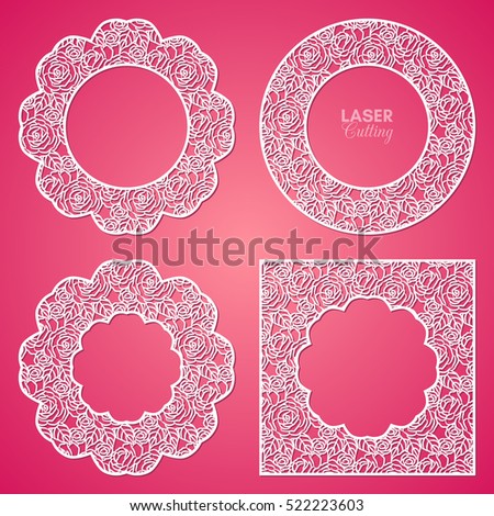 Laser cut paper lace frames set, vector illustration. Ornamental cutout photo frame collection with rose flowers. Element for wedding invitation and greeting card.