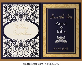 Laser cut paper for wedding design. Invitation template, save the date, personalized wedding card with floral pattern in vintage style. Envelope with ornate abstract ornament for greeting cards. 
