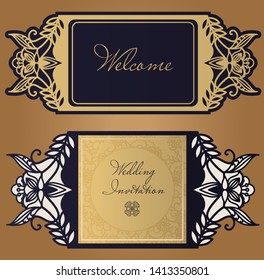 Laser cut paper for wedding design. Invitation template, save the date, personalized wedding card with floral pattern in vintage style. Envelope with ornate abstract ornament for greeting cards. 
