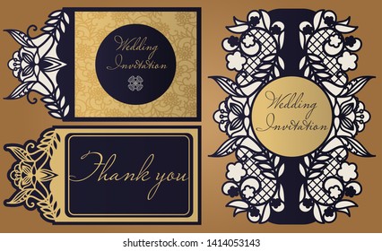 Laser cut paper for wedding design. Invitation template, save the date, personalized wedding card with floral pattern in vintage style. Envelope with ornate abstract ornament for greeting cards. 