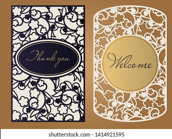 Laser cut paper for wedding design. Invitation template, save the date, personalized wedding card with floral pattern in vintage style. Envelope with ornate abstract ornament for greeting cards.