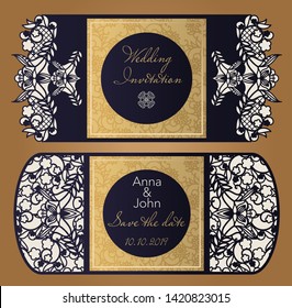 Laser cut paper for wedding design. Invitation template, save the date, personalized wedding card with floral pattern in vintage style. Envelope with ornate abstract ornament for greeting cards. 