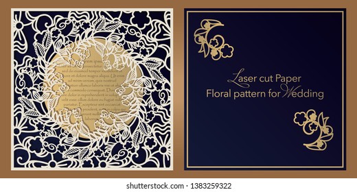 Laser cut paper for weddings. Floral design envelope, invitation, badge, square frame for gift and congratulations. Openwork cut of paper, cardboard, wood, plastic.
