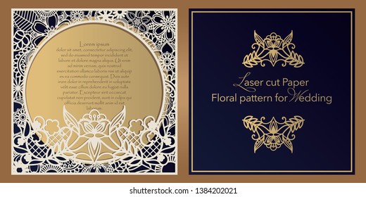 Laser cut paper for weddings. Floral design envelope, invitation, badge, square frame for gift and congratulations. Openwork cut of paper, cardboard, wood, plastic.