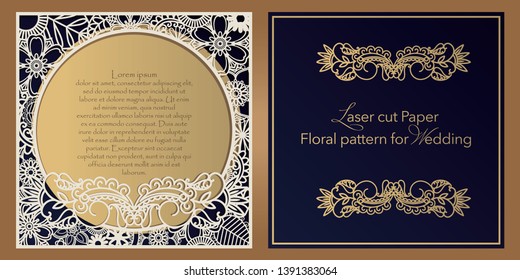 Laser cut paper for weddings. Floral design envelope, invitation, badge, square frame for gift and congratulations. Openwork cut of paper, cardboard, wood, plastic.