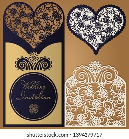 Laser cut paper for weddings. Invitation template, save the date, a personalized wedding card with a floral pattern in vintage style. Envelope with ornate abstract ornament for greeting cards
