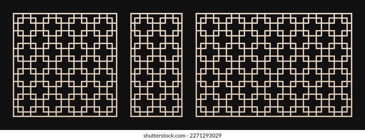 Patrón de corte láser al estilo asiático. Conjunto vectorial con ornamento geométrico abstracto, cuadrícula cuadrada, entramado. Lápiz decorativo para corte láser, corte CNC de madera, metal, acrílico. Relación de aspecto 1:1, 1:2, 3:2