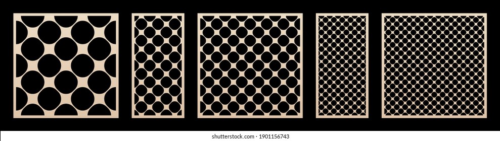 Laser cut pattern big set. Vector design with modern geometric ornament, abstract circular grid, mesh, circles. Template for cnc cutting, decorative panels of wood, metal, paper. Aspect ratio 1:1, 1:2
