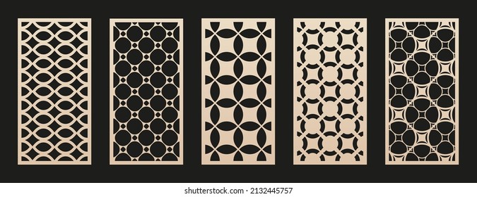 Laser cut pattern collection. Vector set of panels with geometric ornament, abstract circular grid. Traditional oriental style design. Template for cnc cutting of wood, metal, paper. Aspect ratio 1:2