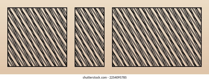 Laser cut pattern collection. Vector set with abstract geometric shapes, crossing lines, diagonal stripes. Decorative stencil for CNC, laser cutting of wood, metal, plastic. Aspect ratio 1:1, 1:2, 3:2