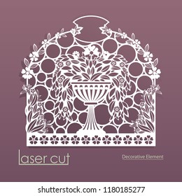 Laser cut pattern. Envelope design for invitation cards. Flowerpot with flowers. Vector silhouette of delicate folds of the gate. Elegant Valentine's day card, wedding invitations, greeting cards