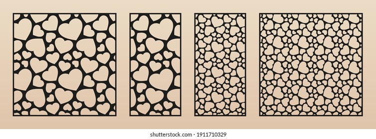 Laser cut pattern with hearts. Vector template with small heart shapes. Valentine's day design. Decorative panel for laser cutting of wood, metal, paper, plastic, engraving. Aspect ratio 1:1, 1:2