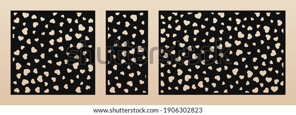 Laser cut pattern with hearts. Vector template with\
scattered small heart shapes. Valentines day design. Decorative\
panel for laser cutting of wood, metal, paper, plastic. Aspect\
ratio 1:1, 1:2, 3:2