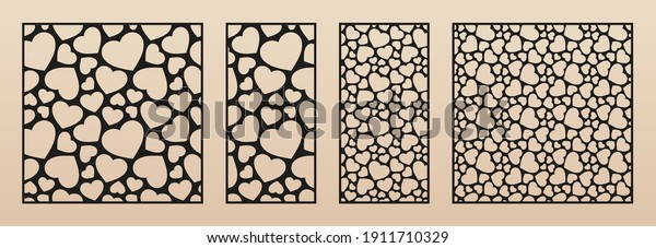 Laser cut pattern with hearts. Vector template with\
small heart shapes. Valentine\'s day design. Decorative panel for\
laser cutting of wood, metal, paper, plastic, engraving. Aspect\
ratio 1:1, 1:2