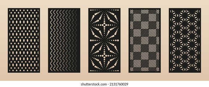 Laser cut pattern set. Collection of modern abstract geometric panels with lines, grid, floral ornament, halftone effect. Decorative stencil for laser cutting of wood, metal, paper. Aspect ratio 1:2