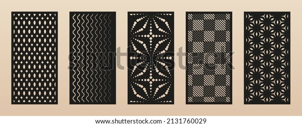 Laser cut pattern set. Collection of modern abstract\
geometric panels with lines, grid, floral ornament, halftone\
effect. Decorative stencil for laser cutting of wood, metal, paper.\
Aspect ratio 1:2