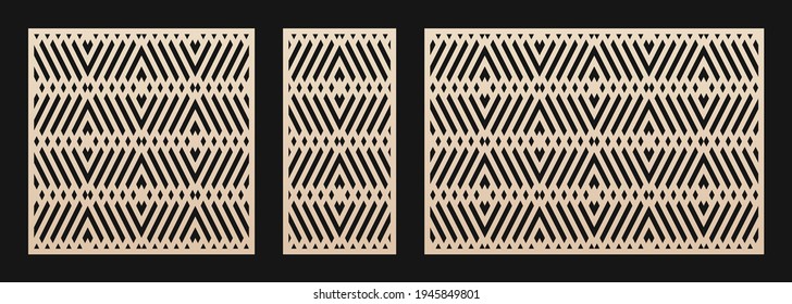 Laser Cut Pattern Set. Decorative Panels For Laser Cutting. Cutout Silhouette With Abstract Geometric Ornament, Diamond Grid, Lattice, Mesh. Cutting Stencil For Wood, Metal. Aspect Ratio 1:2, 1:1, 3:2