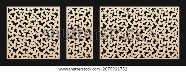 Laser cut pattern set. Decorative panel for laser\
cutting, cnc. Cutout silhouette with abstract geometric texture,\
fluid organic shapes. Stencil for wood, metal, paper. Aspect ratio\
1:1, 1:2, 3:2
