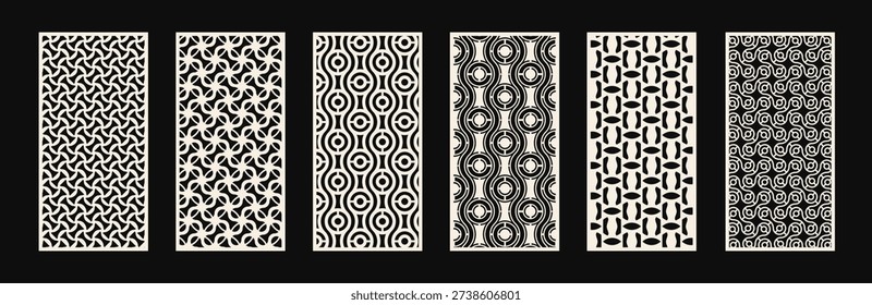 Laser cut pattern set. Template for interior partition in arabesque style. Collection of modern abstract geometric panels with ornamental grid. Decorative stencil for laser cutting of acryl. plastic, metal, wood, paper. Aspect ratio 1:2 Vector illustration.