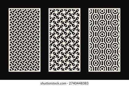 Laser cut pattern set. Template for interior partition in arabesque style. Collection of modern abstract geometric panels with ornamental grid. Decorative stencil for laser cutting of acryl. plastic, metal, wood, paper. Aspect ratio 1:2 Vector illustration.
