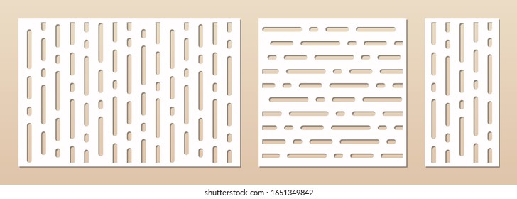 Laser cut pattern set. Vector template for die cut, laser cutting of wood, metal, plastic, paper, engraving, fretwork. Abstract geometric texture with lines, stripes, grid. Aspect ratio 3:2, 1:1, 1:2