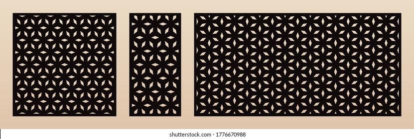 Juego de patrones de corte láser. Plantilla vectorial con textura geométrica abstracta en estilo oriental, adorno de rejilla floral. Panel de esténcil decorativo para corte láser de madera, metal. Relación de aspecto 1:1, 1:2, 2:1