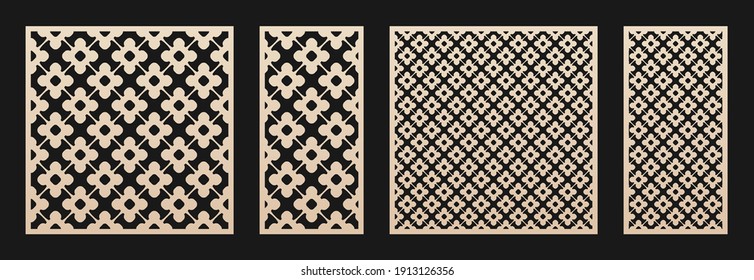 Laser cut pattern set. Vector design with elegant geometric ornament in Oriental style, abstract floral grid. Template for cnc cutting, decorative panels of wood, metal, paper. Aspect ratio 1:1, 1:2