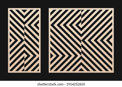 Laser cut pattern set. Vector template with abstract geometric ornament, lines, stripes, chevron. Decorative stencil for laser cutting of wood, metal, plastic, decor element. Aspect ratio 1:2, 1:1