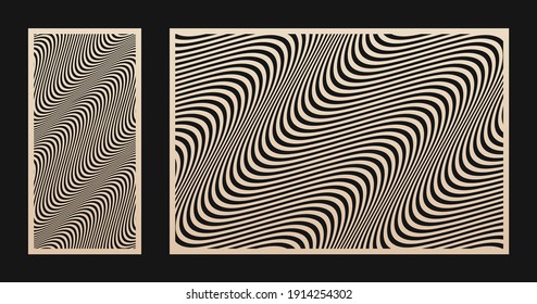 Laser cut pattern set. Vector design with abstract geometric texture, waves, curved lines, stripes. Template for cnc cutting, decorative panels of wood, metal, acrylic, paper. Aspect ratio 1:2, 3:2