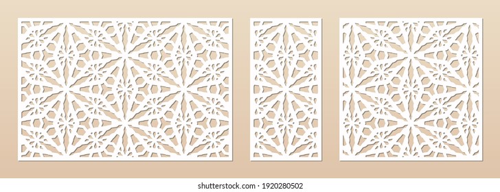 Laser cut pattern set. Vector design with elegant geometric ornament, abstract floral grid, mesh. Template for cnc cutting, decorative panels of wood, metal, paper, plastic. Aspect ratio 3:2, 1:2, 1:1
