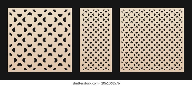 Laser cut pattern set. Vector design with simple floral geometric ornament, abstract grid, mesh, curved shapes. Template for cnc cutting, decorative panels of wood, metal, paper. Aspect ratio 1:1, 1:2