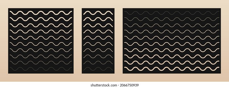 Laser cut pattern set. Vector design with simple modern geometric ornament, halftone wavy lines, curved stripes. Template for cnc cutting, decorative panels of wood, metal. Aspect ratio 1:1, 1:2, 3:2
