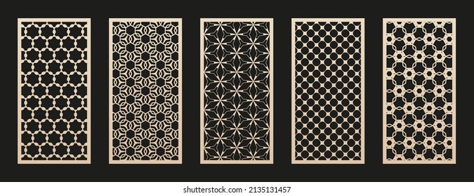 Laser cut pattern set. Vector design with modern geometric ornament, abstract grid, mesh. Oriental style design. Template for cnc cutting, decorative panels of wood, metal, paper. Aspect ratio 1:2