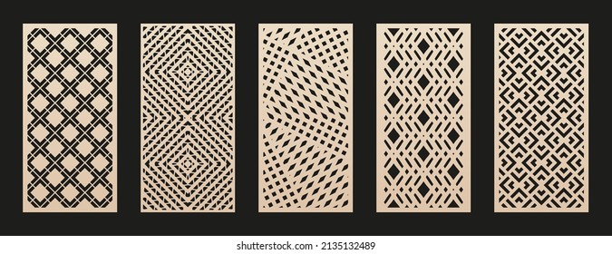 Juego de patrones de corte láser. Colección vectorial de plantillas de corte con ornamento geométrico abstracto, rejilla, malla, líneas, chevron. Esténcil decorativo para corte láser de madera, metal, plástico. Relación de aspecto 1:2