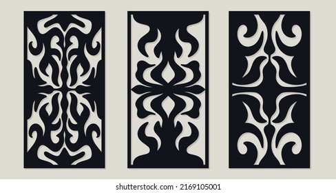 Laser cut pattern set. Vector design with elegant geometric ornament, abstract floral grid, mesh. Template for cnc cutting, decorative panels of wood, metal, paper, plastic