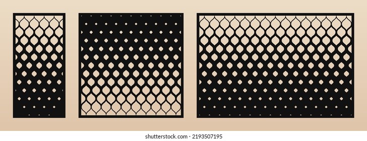 Laser cut pattern set. Vector design with modern abstract geometric ornament, halftone grid, mesh, leaves. Template for cnc cutting, decorative panels of wood, metal, paper. Aspect ratio 1:2, 1:1, 3:2