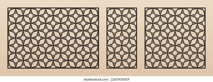 Laser cut pattern set. Vector cutting templates with abstract geometric ornament, diamond grid, mesh, thin lines. Decorative stencil for laser cut of wood, metal, plastic. Aspect ratio 3:2, 1:2, 1:1