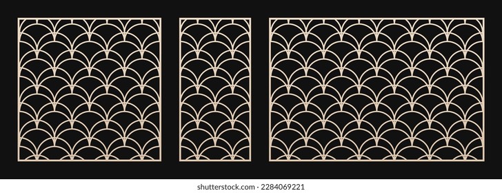 Laser cut pattern set. Vector design with elegant geometric ornament, abstract grid in art deco style. Template for CNC cutting, decorative panels of wood, metal, plastic. Aspect ratio 1:1, 1:2, 3:2