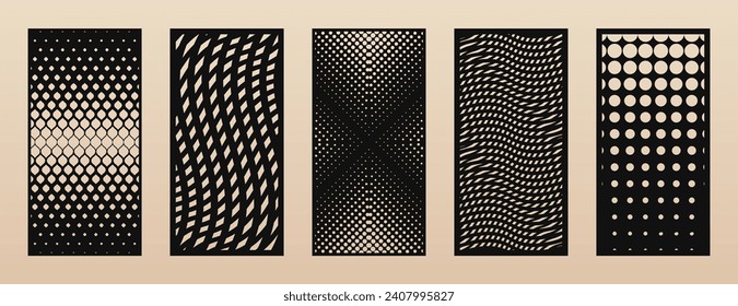 Juego de patrones de corte láser. Diseño vectorial con textura geométrica abstracta moderna, rejilla de semitono, malla, formas de grosor. Plantilla para corte cnc, paneles decorativos de madera, metal, papel. Relación de aspecto 1:2